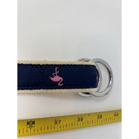 J. Crew Belt Fabric Blue/Pink Flamingo Double D Ring Sz Small - Picture 4 of 7